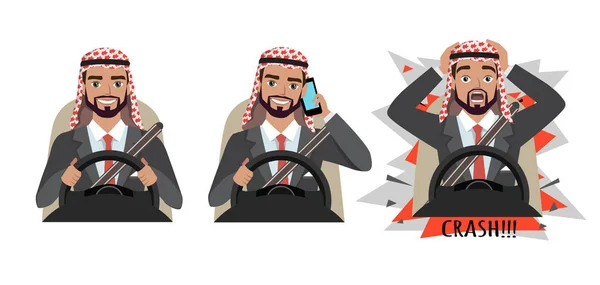 アラブのビジネスマンは、車を運転します。男は携帯電話で話している車を運転します。男には、事故があった。クラッシュ — ストックベクタ