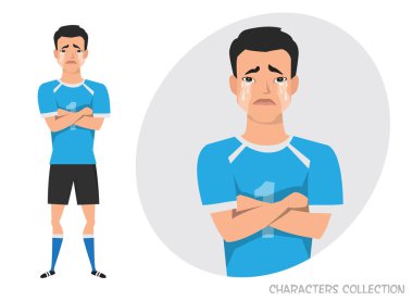 Asya Futbol oyuncu kollarını ve çığlıkları geçti. Gözyaşları ve depresyon mans. Duygu, hayal kırıklığı ve futbol oyuncu yüzü de üzüntü. Erkek ağlıyordu