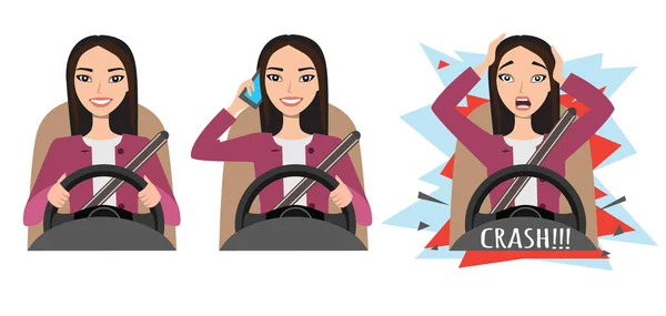 Donna asiatica alla guida di una macchina. Una donna che guida un'auto e parla al telefono. Quella donna ha avuto un incidente. crash — Vettoriale Stock