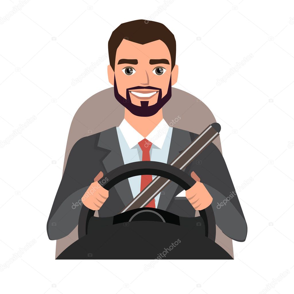 businessman driving a car. man clothing in official suit