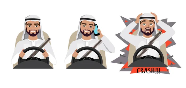 Orang Arab mengendarai mobil. Seorang pria mengemudi mobil berbicara di telepon. Pria itu mengalami kecelakaan. crash - Stok Vektor