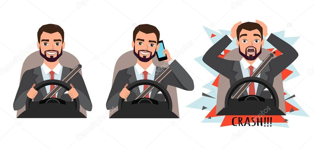 businessman holding mobile phone while driving car. crash