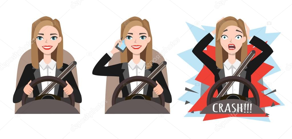 businesswoman holding mobile phone while driving car. crash