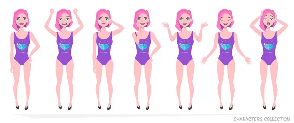 O tânără în costum de baie pe plajă ultra violet. Set de emoții și gesturi pentru tânăra femeie. Fata într-o stare de spirit diferită. Femei emoții, femeie în viața de zi cu zi. Culoarea anului 2018 Ultra Violet . — Vector de stoc