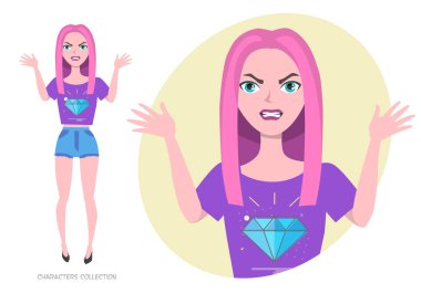 Kızgın kız genç giyimleri ultra mor renklerde.