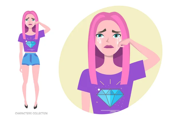 Gadis menangis dengan pakaian modis warna ungu ultra menghapus air mata dari wajahnya - Stok Vektor