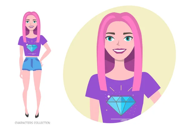 Het tiener meisje in modieuze kleding ultra Violette kleuren glimlachen — Stockvector