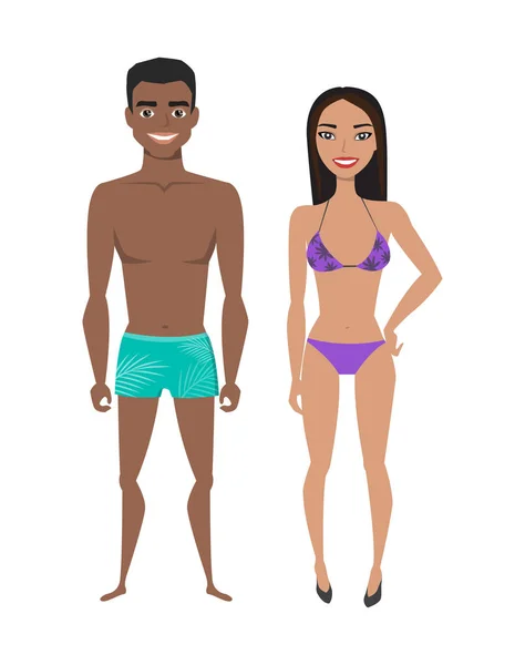 Tânăr multirasial și femei în costum de baie pe plajă — Vector de stoc