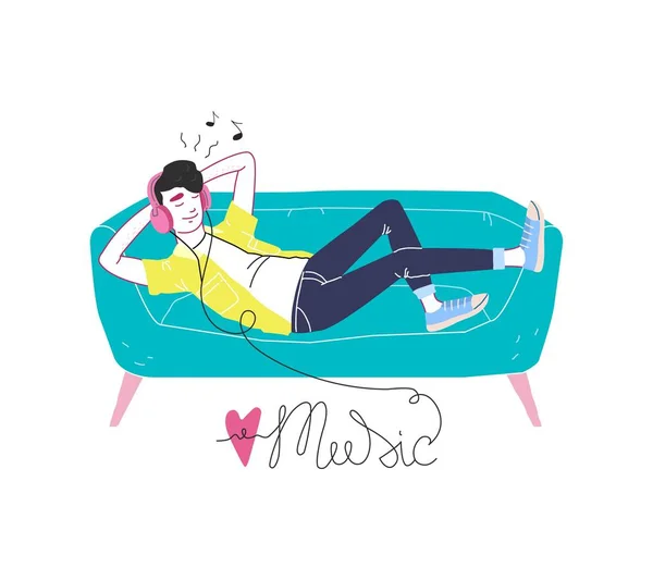 A man in headphones lies on a sofa and listens to music. Lettering love music — Stock Vector