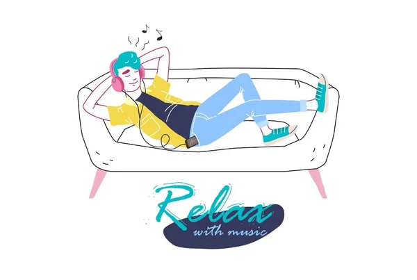 A man in headphones lies on a sofa and listens to music. Lettering relax with music — Stock Vector