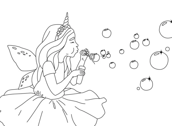 Cute girl in a fairy costume blowing soap bubbles — Stock vektor