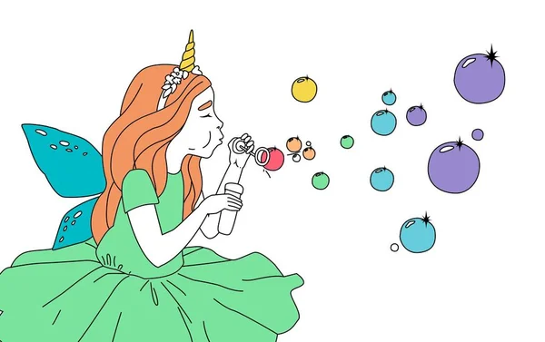 Cute girl in a fairy costume blowing soap bubbles — Stock vektor