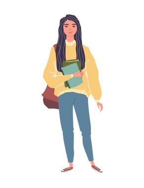 Sırt çantalı ve kitaplı gündelik kıyafetler giyen genç kadınlar..