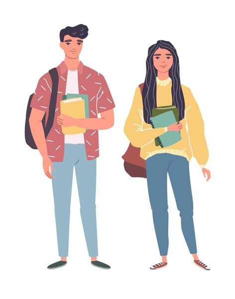 Юноши и девушки в повседневной одежде с рюкзаками и книгами
.