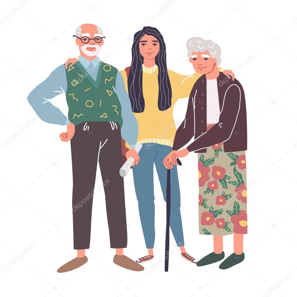 Cartoon characters of grandparents with cute granddaughter