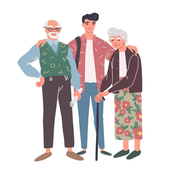 Cartoon characters of grandparents with cute grandson — Stok Vektör