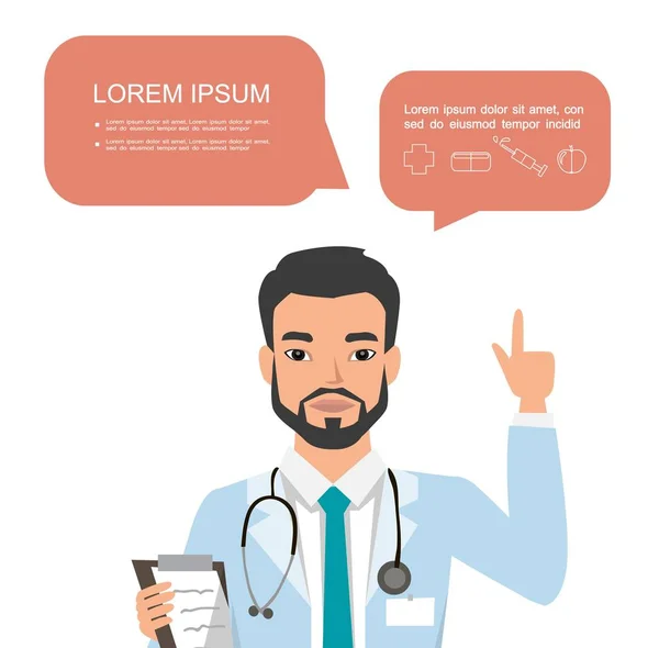 Asiático médico masculino levantando el dedo para dar consejos o recomendaciones. Trabajador del hospital hablando con la burbuja del habla y sujetando el portapapeles . — Vector de stock