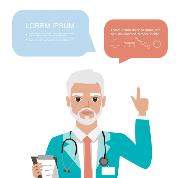 Arts steekt zijn vinger op om advies of aanbeveling te geven. Ziekenhuismedewerker spreekt met spraakzeepbel en klembord. — Stockvector