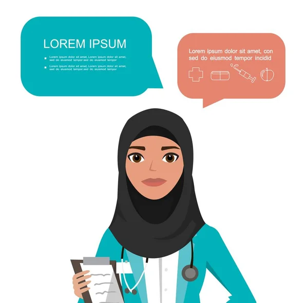 Αράμπ γυναίκα γιατρός. Νοσοκομειακός εργαζόμενος μιλώντας με φούσκα ομιλία και κρατώντας πρόχειρο. — Διανυσματικό Αρχείο