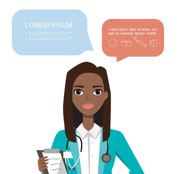 Zwart-Afrikaanse Amerikaanse vrouwelijke dokter. Ziekenhuismedewerker spreekt met spraakzeepbel en klembord. — Stockvector
