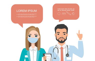 Couple of doctors. Different nationalities. Hospital medical team concept. People character set in various poses with speach bubbles