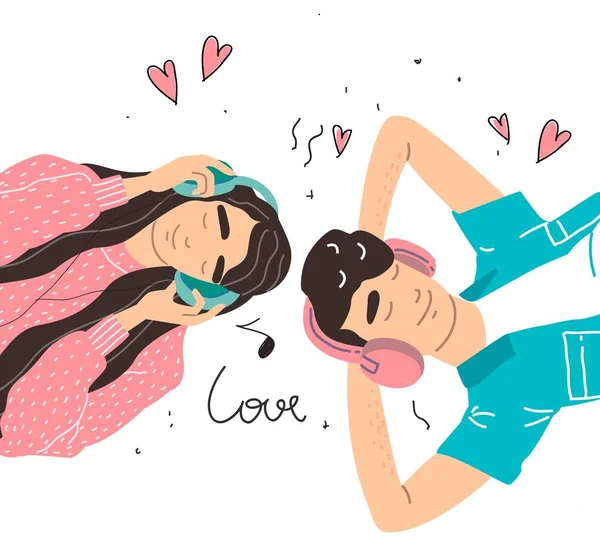Lovers boy and girl listen to music on headphones Royalty Free Stock Vectors