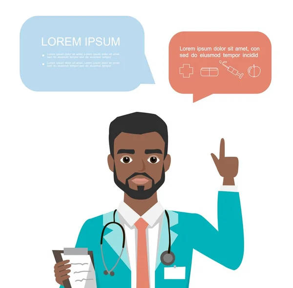 Zwarte Afro-Amerikaanse arts steekt zijn vinger op om advies of aanbeveling te geven. Ziekenhuismedewerker spreekt met spraakzeepbel en klembord. — Stockvector