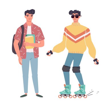 Sırt çantalı ve kitaplı sıradan giyinmiş genç adamlar..