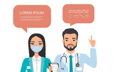Çinli bir çift doktor. Hastane sağlık ekibi konsepti. Hoparlör kabarcıkları ile çeşitli pozlarda ayarlanmış insan karakteri