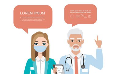 Bir çift doktor. Hastane sağlık ekibi konsepti. Hoparlör kabarcıkları ile çeşitli pozlarda ayarlanmış insan karakteri