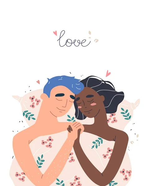 Lovers man and woman hug lying in bed . Happy multiracial family concept. — ストックベクタ