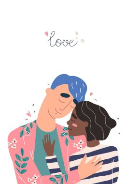 Lovers man and black african american woman hug. Happy multiracial family concept.