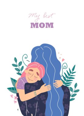 Beautiful young woman and her charming little daughter. Girl hugs mom and smiles