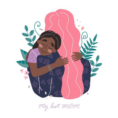 Beautiful young black african american woman and her charming little daughter. Girl hugs mom and smiles