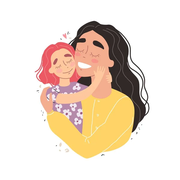Bella giovane donna e la sua affascinante figlia. Ragazza abbraccia la mamma e sorride — Vettoriale Stock