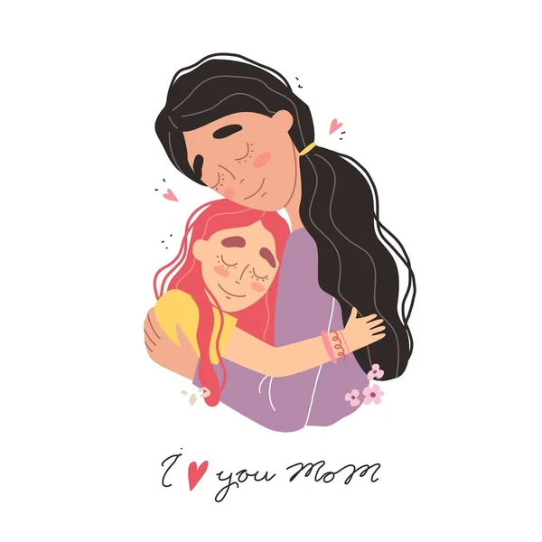 Beautiful young woman and her charming little daughter. Girl hugs mom and smiles — Stock Vector