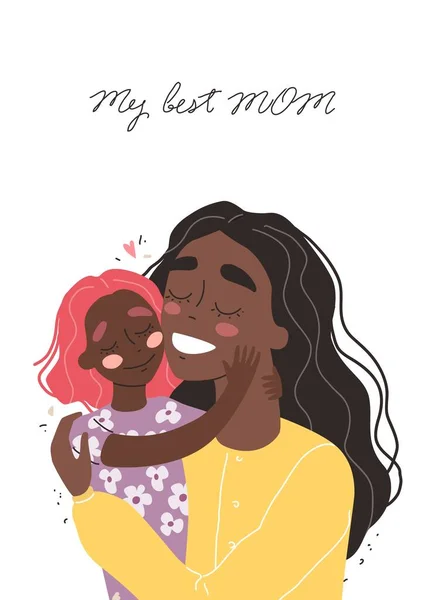 Beautiful young black african american woman and her charming little daughter. Girl hugs mom and smiles — Διανυσματικό Αρχείο