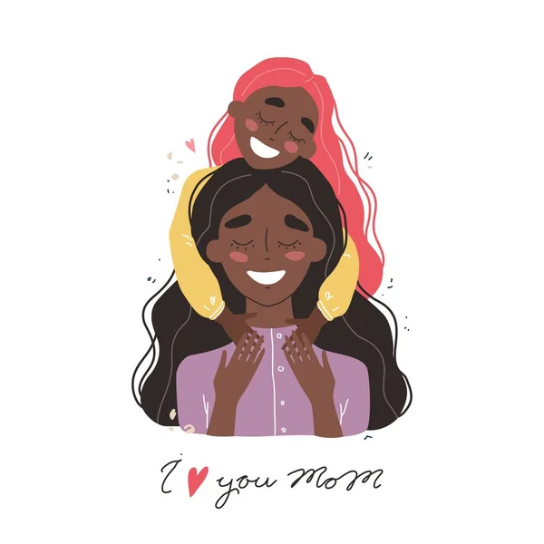 Hermosa Joven Afroamericana Negra Encantadora Hijita Chica Abraza Mamá Sonríe — Vector de stock