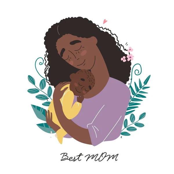 Mothers day greeting card. Black african american mother hugs baby. Family holiday and togetherness. Vector eps 10