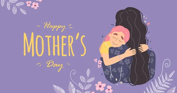 Anneler günü tebrik kartı. Anne ve kız gülümsüyor ve sarılıyorlar. Aile tatili ve birliktelik. Vektör 10