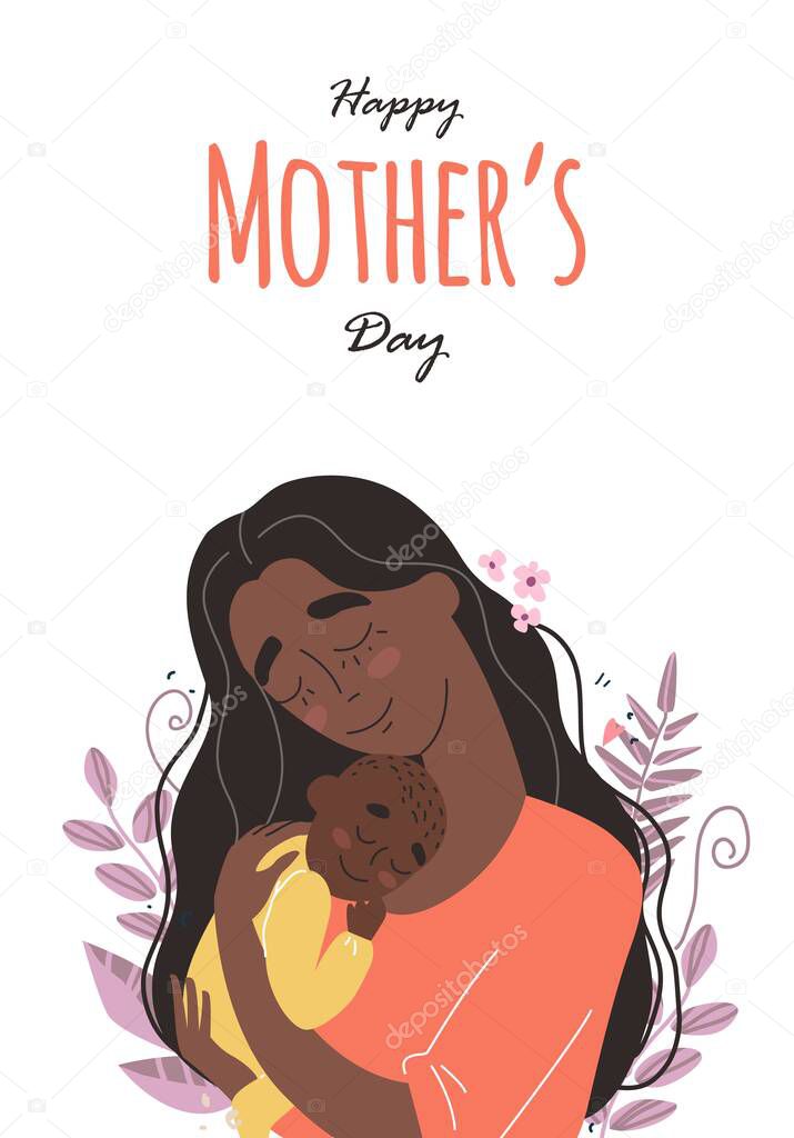 Mothers day greeting card. Mother hugs baby. Family holiday and togetherness. Vector eps 10
