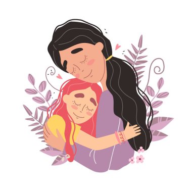 Anneler günü tebrik kartı. Anne ve kız gülümsüyor ve sarılıyorlar. Aile tatili ve birliktelik. Vektör 10