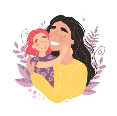 Anneler günü tebrik kartı. Anne ve kız gülümsüyor ve sarılıyorlar. Aile tatili ve birliktelik. Vektör 10
