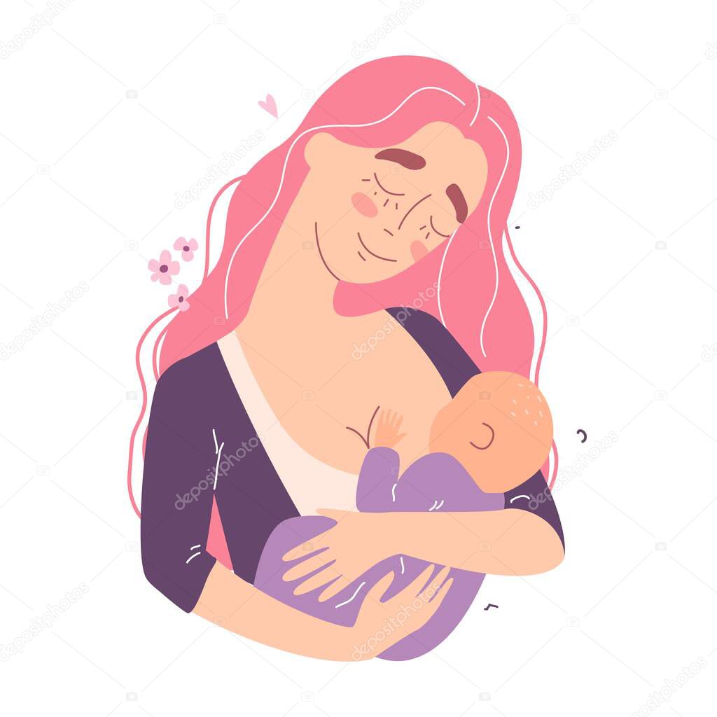 Beautiful young mother breastfeeds her baby. A woman hugs a baby and feeds it with breast milk. Happy family concept.