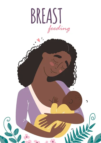 Beautiful Young Black African American Mother Breastfeeds Her Baby Woman — Stock Vector