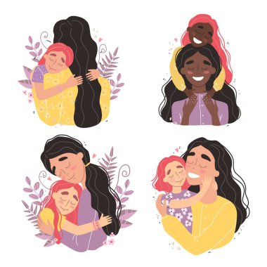 Güzel genç bir kadın ve onun sevimli küçük kızı. Kız annesine sarılıyor ve gülümsüyor. Moda tarzında vektör illüstrasyonu. Anneler Günü için çizimler.