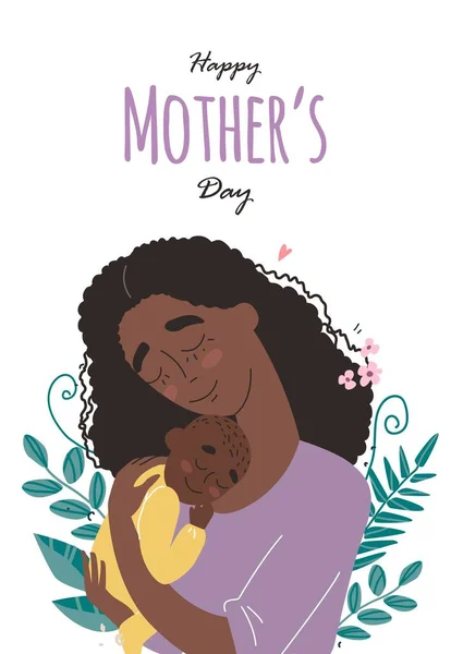 Muttertagsgrußkarte Schwarzafrikanisch Amerikanische Mutter Umarmt Baby Familienurlaub Und Zweisamkeit Vektor — Stockvektor