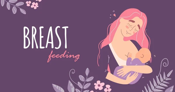 Beautiful Young Mother Breastfeeds Her Baby Woman Hugs Baby Feeds — Stock Vector