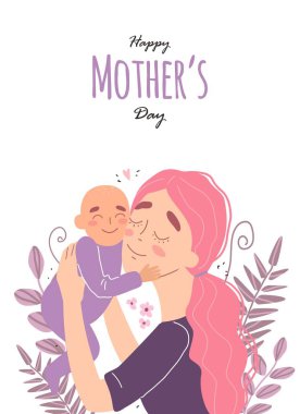 Anneler günü tebrik kartı. Anne bebeğe sarılıyor. Aile tatili ve birliktelik. Vektör 10