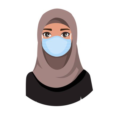 Arap kadınları hastalık, grip, hava kirliliği, kirli hava ve dünya kirliliğini önlemek için maske takıyor. Düz bir şekilde vektör illüstrasyonu